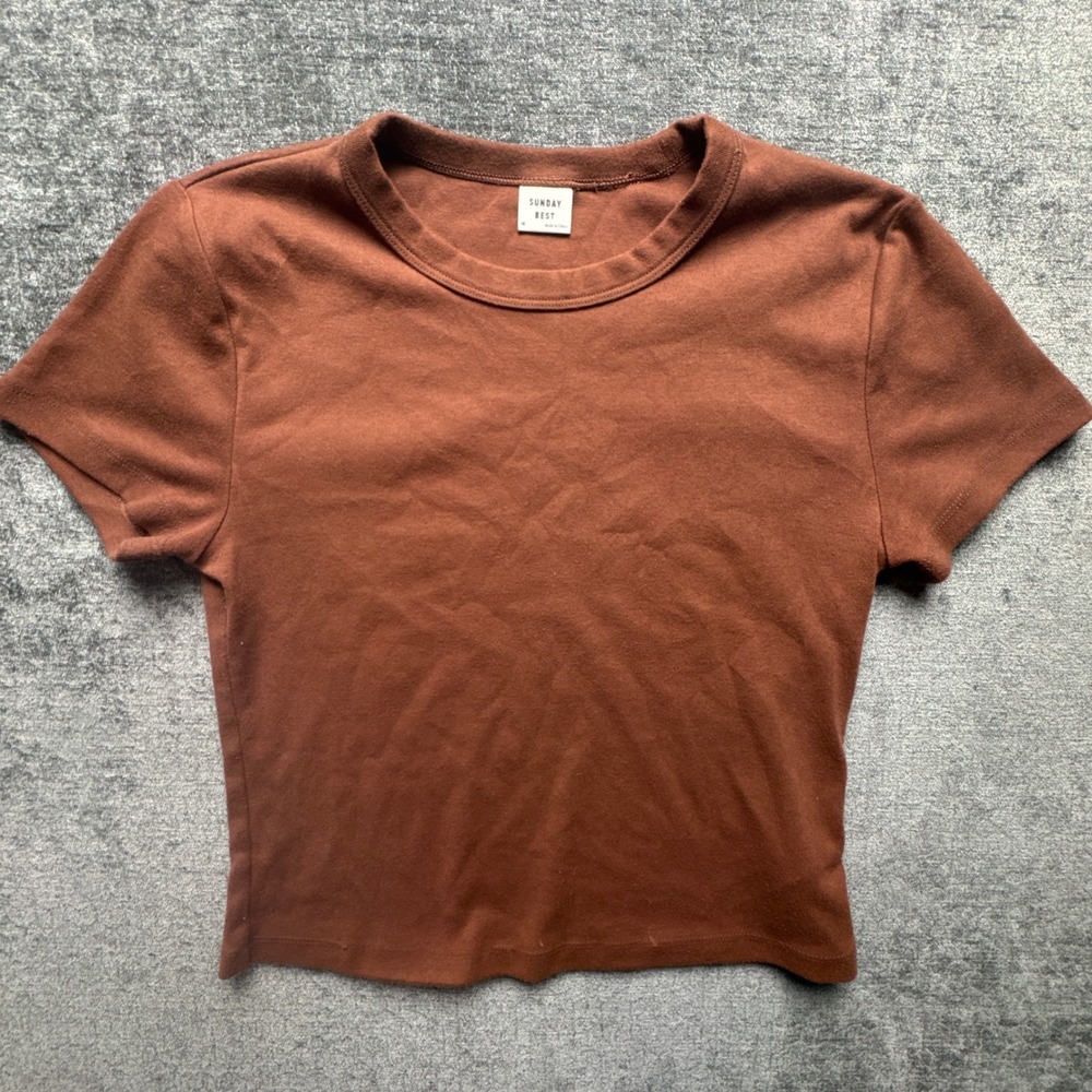 Sunday Best Aritzia Cropped Tee Shirt Womens Medium Brown Short Sleeve Crew Neck